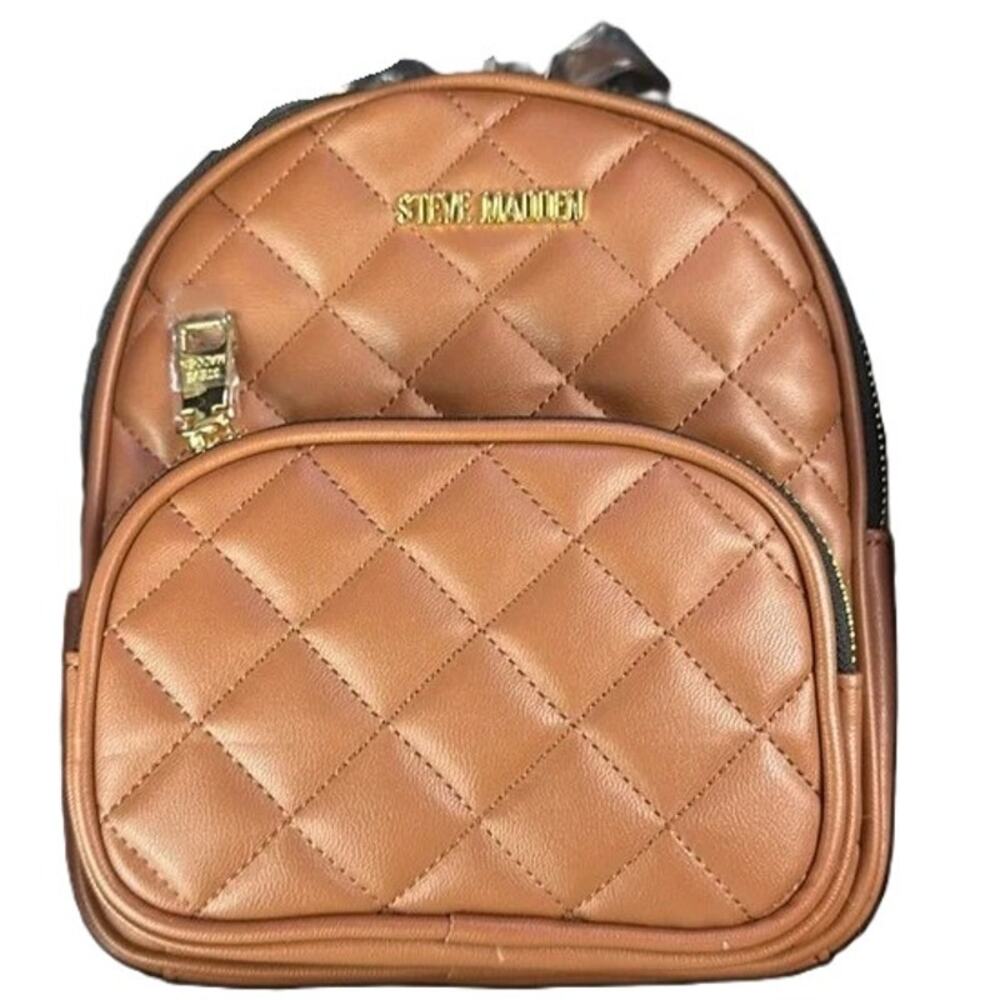 Steve Madden Cognac Faux Leather Quilted Tassel Mini Backpack